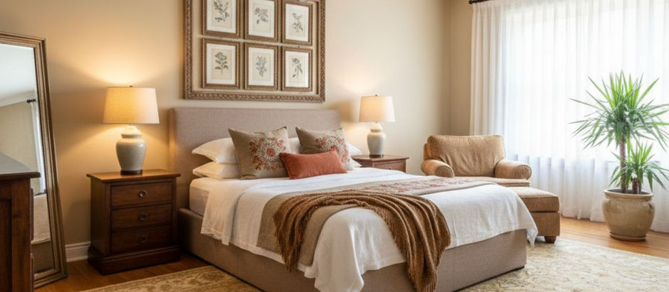 Classic guest room colour combination with soft tan walls and elegant wooden side tables for guests.