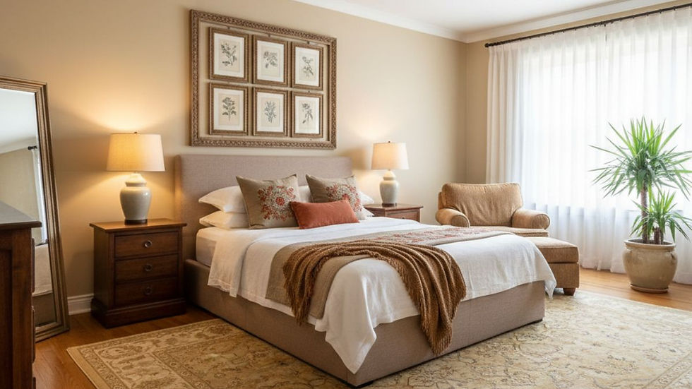 Classic guest room colour combination with soft tan walls and elegant wooden side tables for guests.