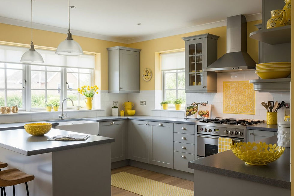 A cheerful kitchen interior color combination with soft yellow walls and vibrant yellow accents, complemented by stylish grey cabinetry and countertops, creating a bright and modern look.