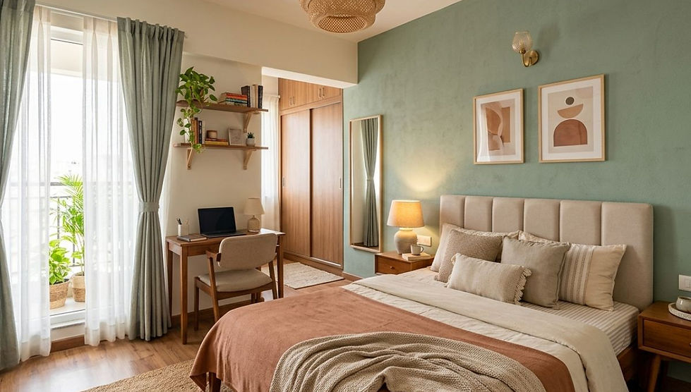 Compact small bedroom interior design with a single bed by the window, a built-in desk, and light pink wall paint