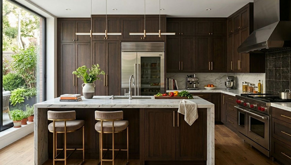 Tall wooden cupboards and a big white island star in this luxury kitchen interior.