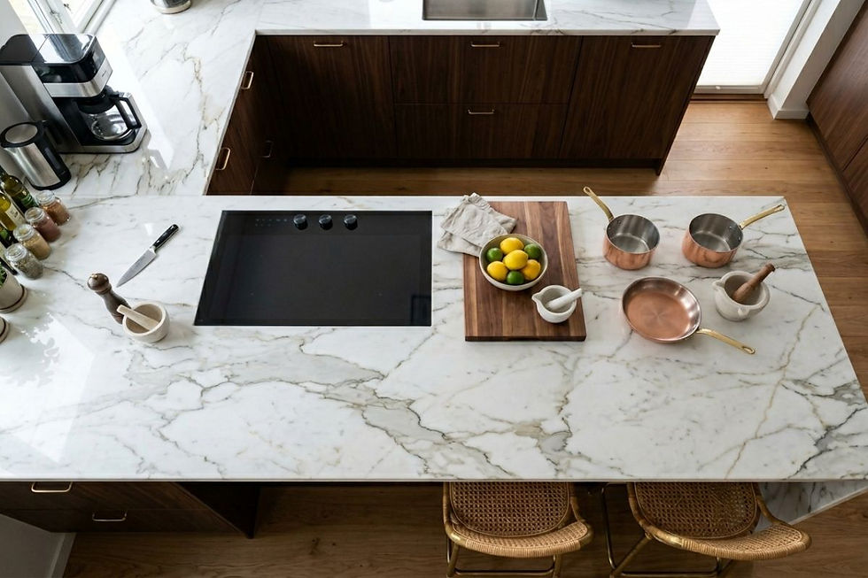 High view of a bright Kitchen Marble Slab island with a stove, bowls, and pots on it.