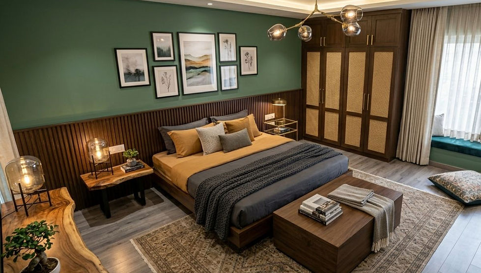 A cozy master bedroom interior with a soft beige bed, light wood accent wall, warm lighting, and a grey armchair