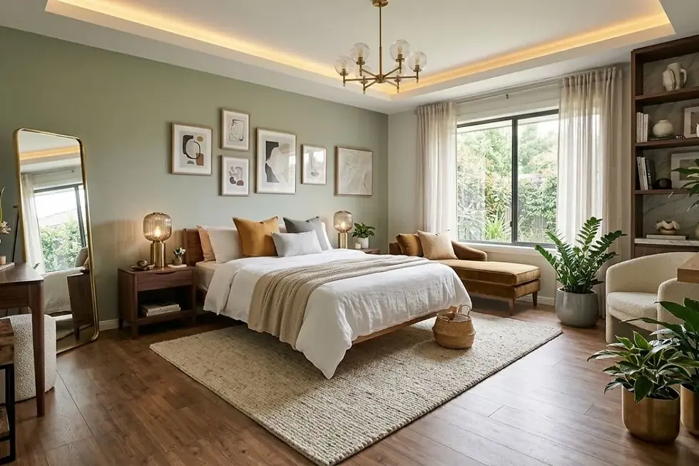 A stylish green bedroom filled with low maintenance indoor plants to create a calm space.