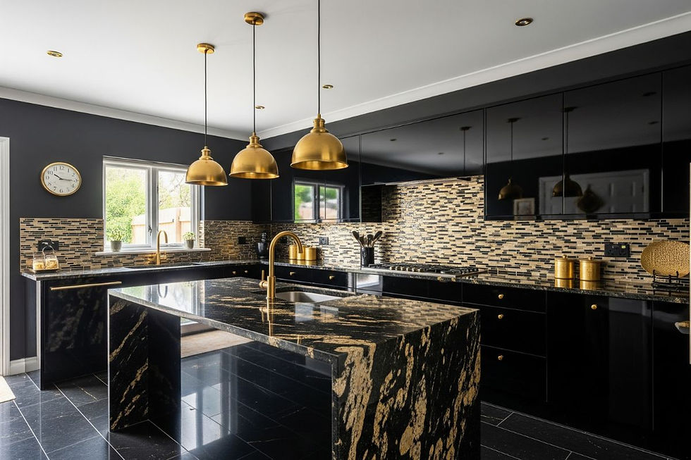 A luxurious kitchen interior color combination featuring high-gloss black cabinetry and an island, accented with striking gold fixtures, hardware, and a gold-flecked black marble countertop and backsplash.