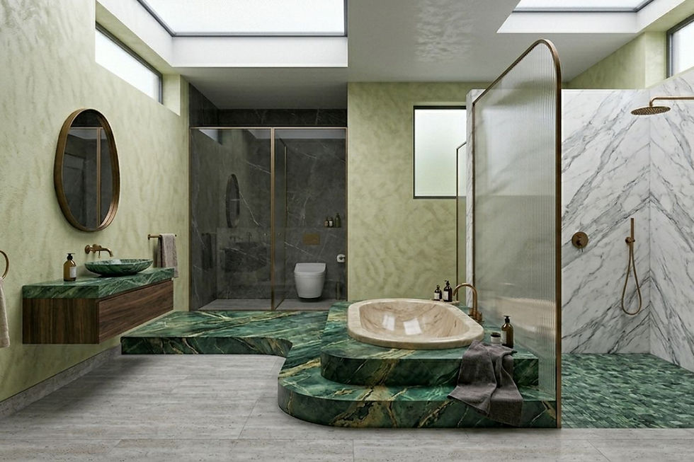 Luxury bathroom featuring striking green and white Michelangelo Marble surfaces.