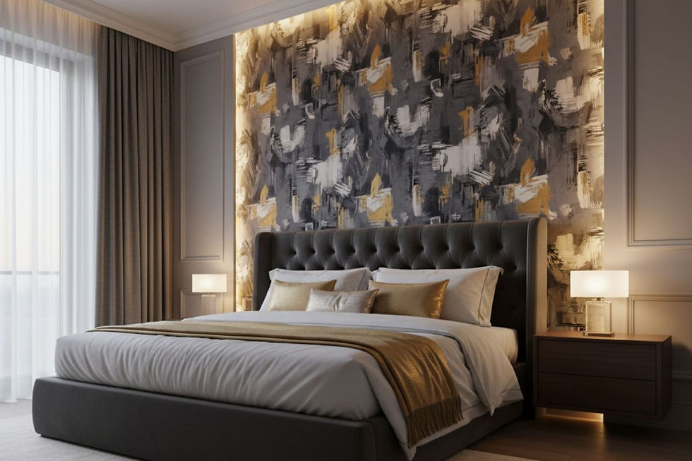 Bedroom Wall Decor Ideas featuring a dramatic abstract accent wallpaper wall with a tufted headboard and side lamps.
