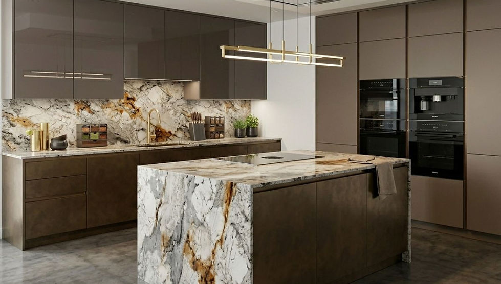 Luxury marble island and dark cabinets create a stylish Kitchen interior with warm lighting.