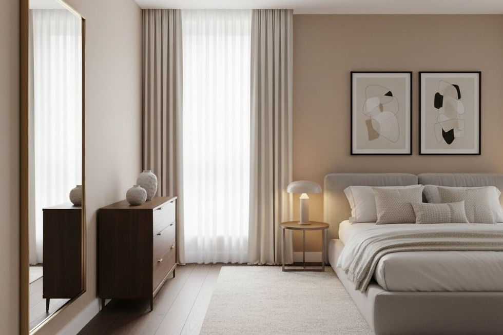 Bedroom Wall Decor Ideas featuring two framed abstract prints over a neutral-colored bed and a floor mirror on the left.