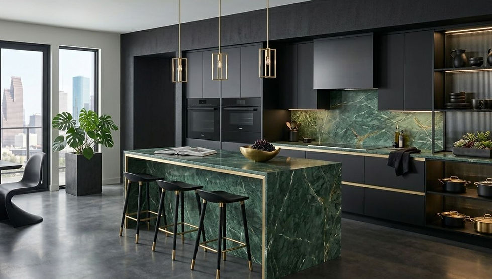 Green marble island with black cabinets adds elegance to this modern Kitchen interior space.