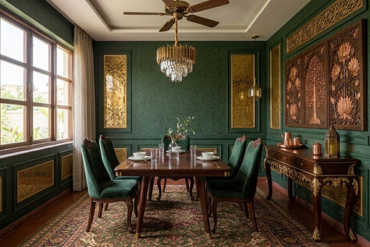 Rich Dining Room Colour Combinations with deep emerald green walls, ornate gold panels, and classic wooden furniture.