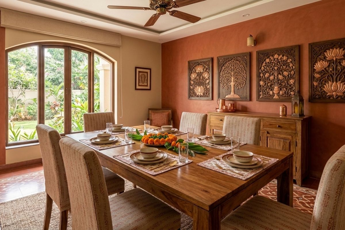 Warm Dining Room Colour Combinations with earthy terracotta walls, natural wood decor, and bright, sunny garden views.