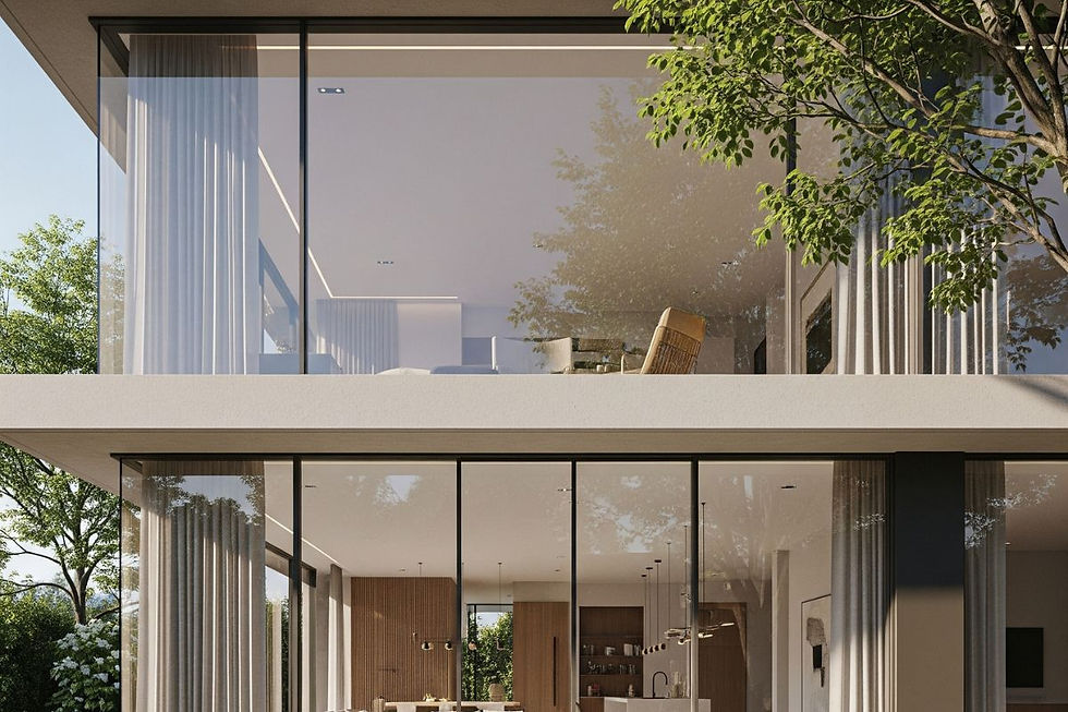 A modern two-story home with a minimalist home front design, featuring expansive floor-to-ceiling glass windows that create a seamless connection between the bright interior and the surrounding outdoor space