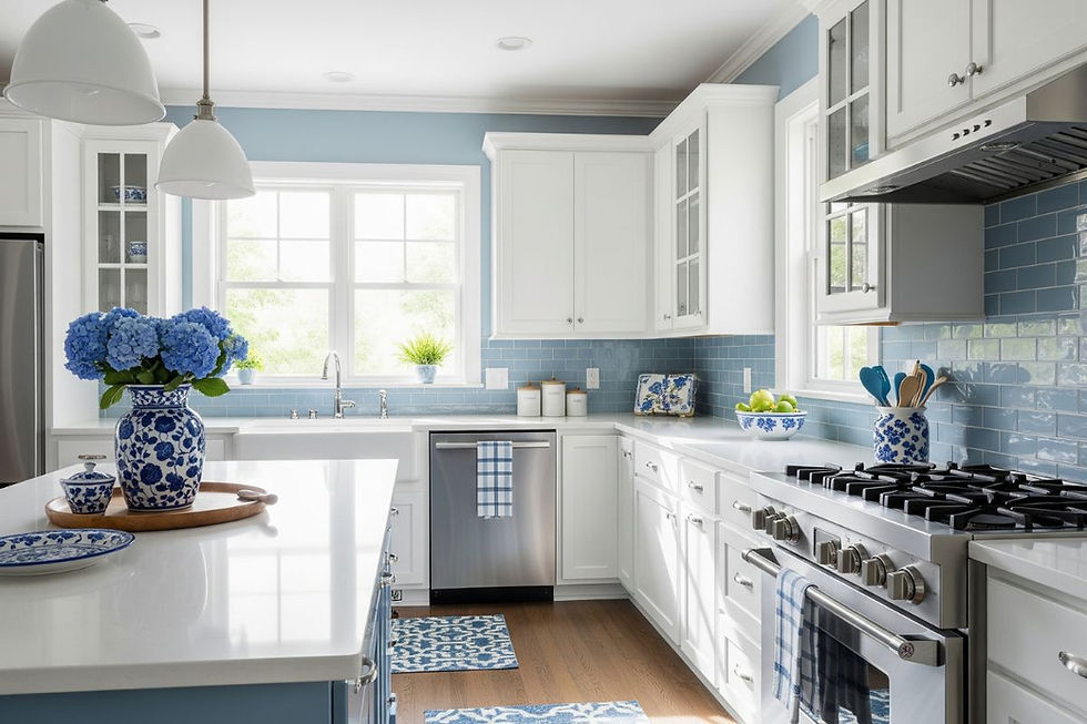 A bright and airy kitchen interior color combination showcasing white shaker cabinets, light blue walls, a subway tile backsplash, and blue and white decorative accents, creating a refreshing coastal feel.