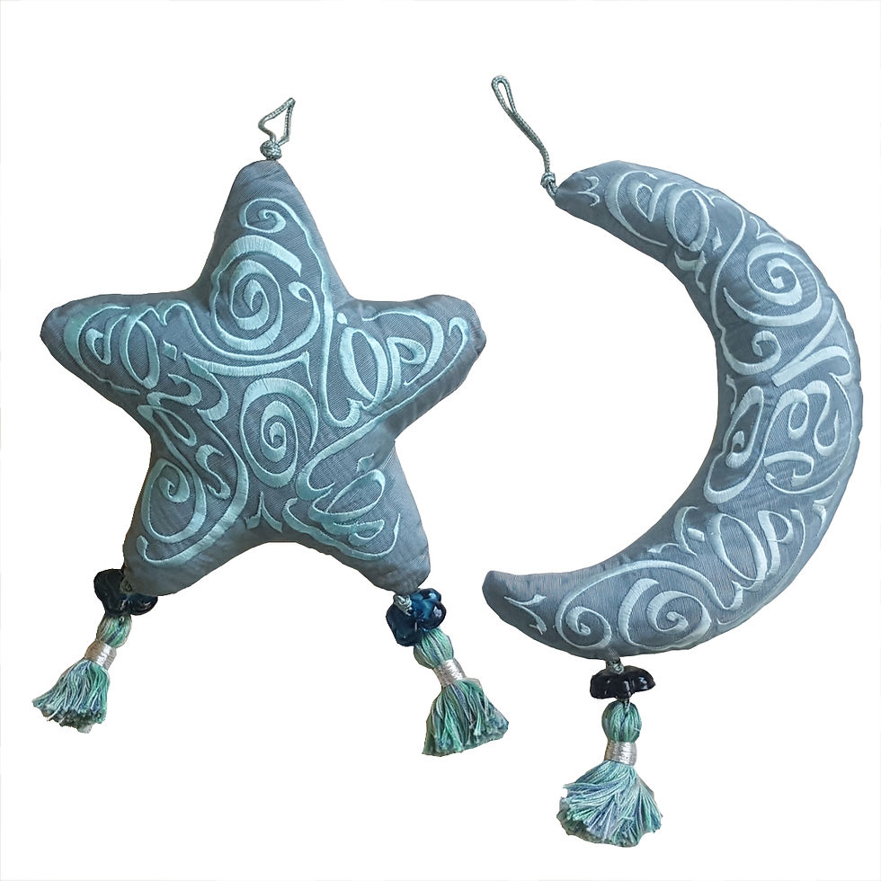 Thumbnail: Embroidered Ramadan star and crescent ornaments with Arabic calligraphy and tassels.