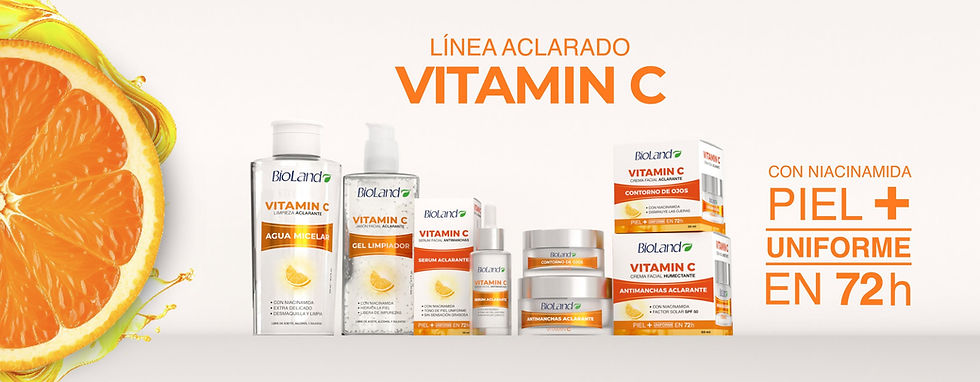 Bioland Vitamin C skincare bottles and jars with orange slice, Spanish promo text: LÍNEA ACLARADO, PIEL + UNIFORME EN 72h
