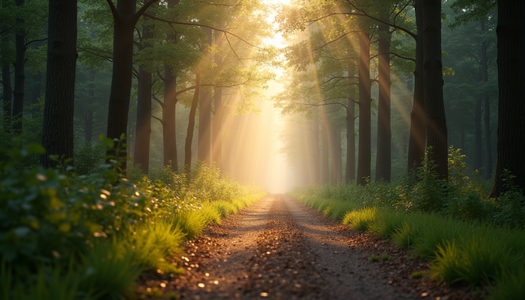 Eye-level view of a winding forest path disappearing into soft morning light