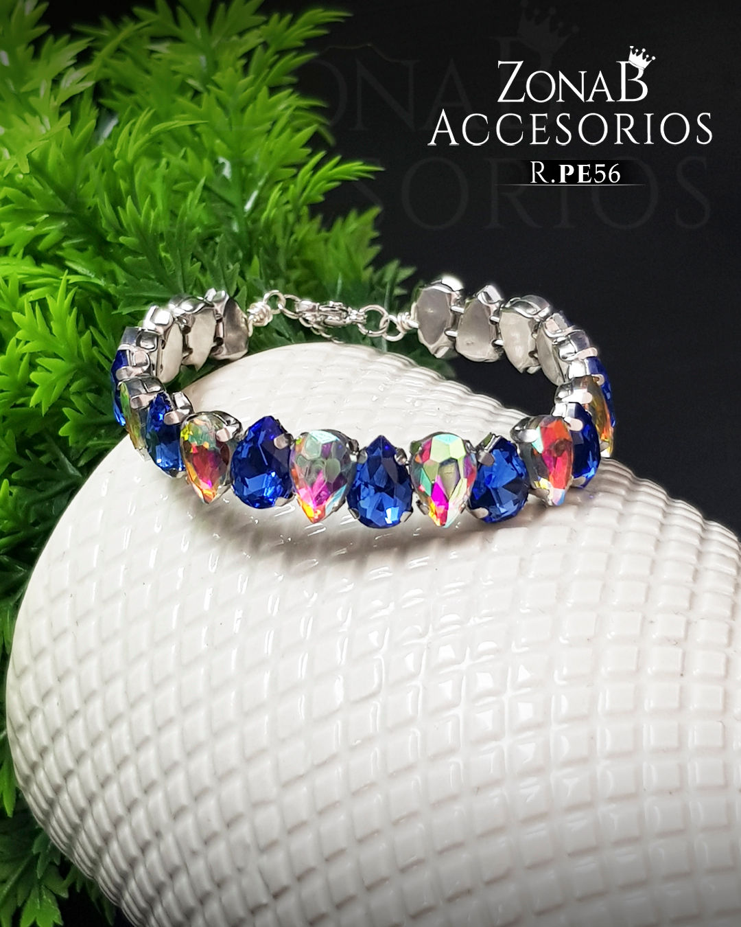Pulsera Elegante R.PE56 azul+tornasol base plateado