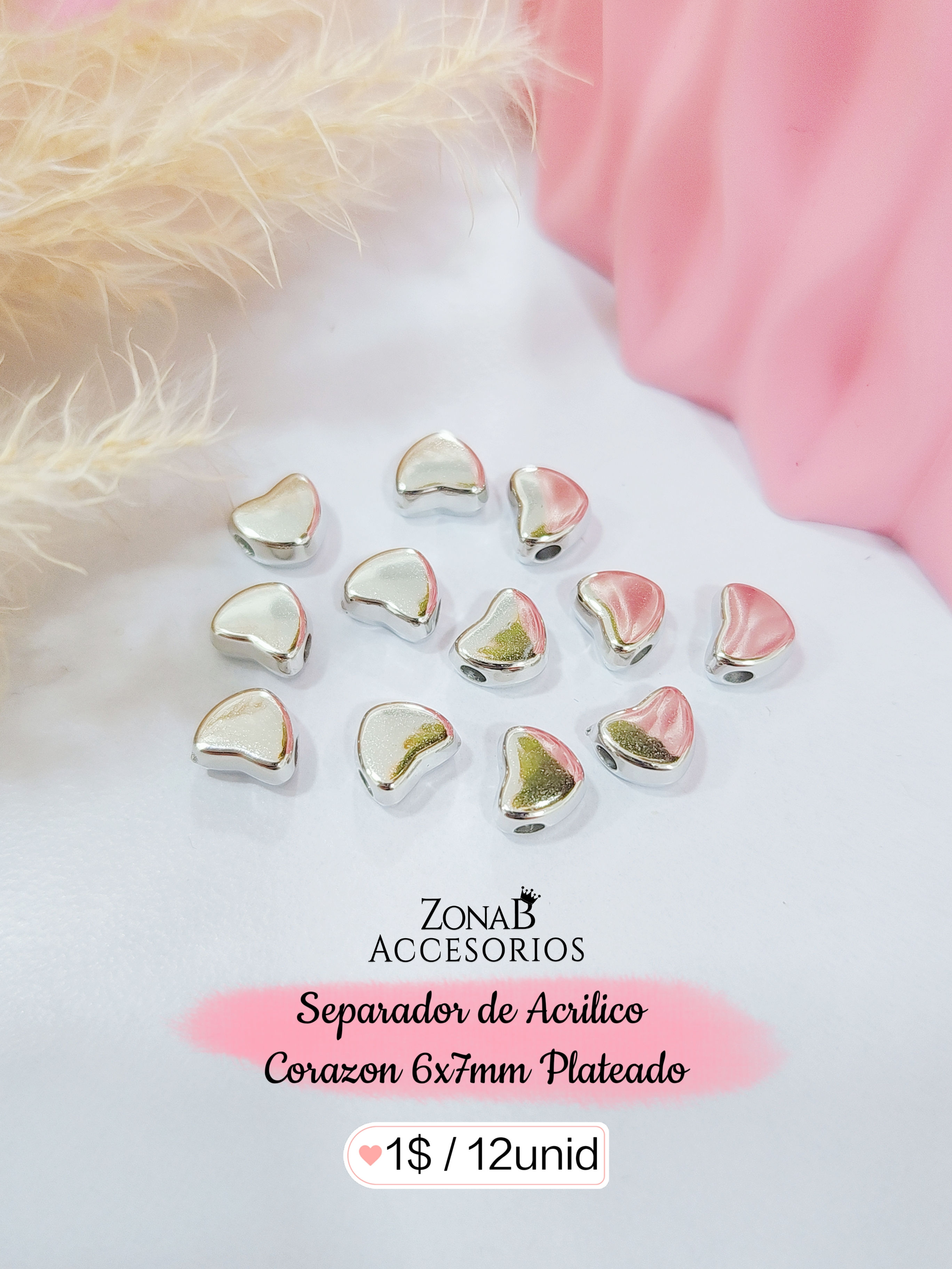 Separador de Acrilico Corazon 6x7mm Plateado 12 unidades