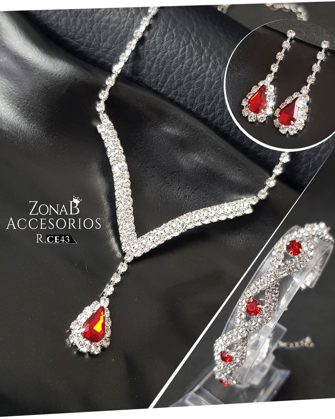 Set de Collar+Zarcillos+Pulsera R.CE43 rojo con plateado