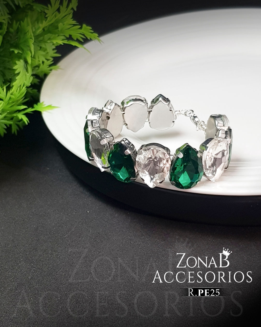 Pulsera Elegante R.PE25 verde+transparente base plateado