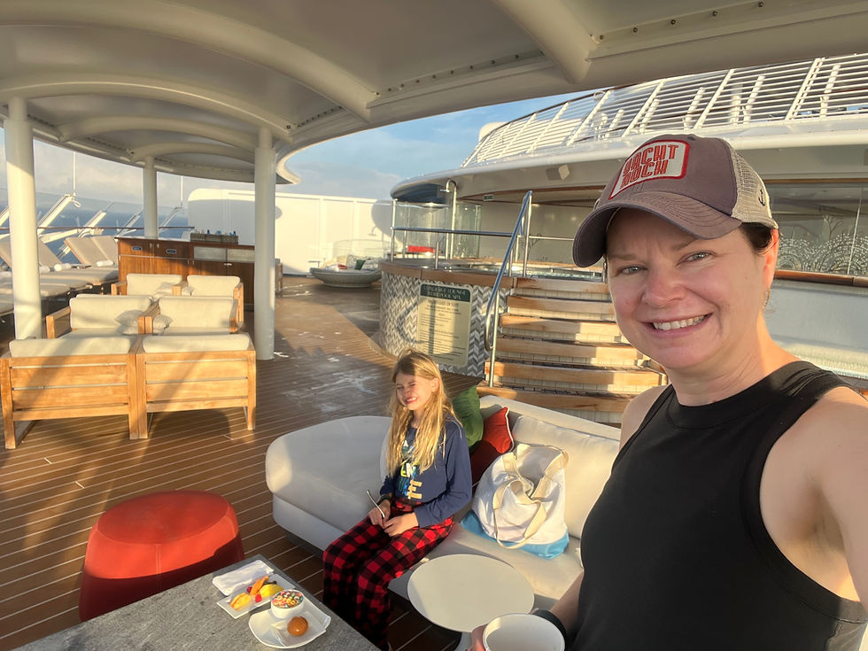 Solo parenting on Disney Wish Sun Deck eating breakfast