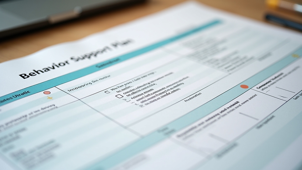 Close-up view of a behaviour support plan document with notes and highlights