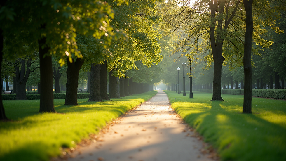 Eye-level view of a serene park with a walking path