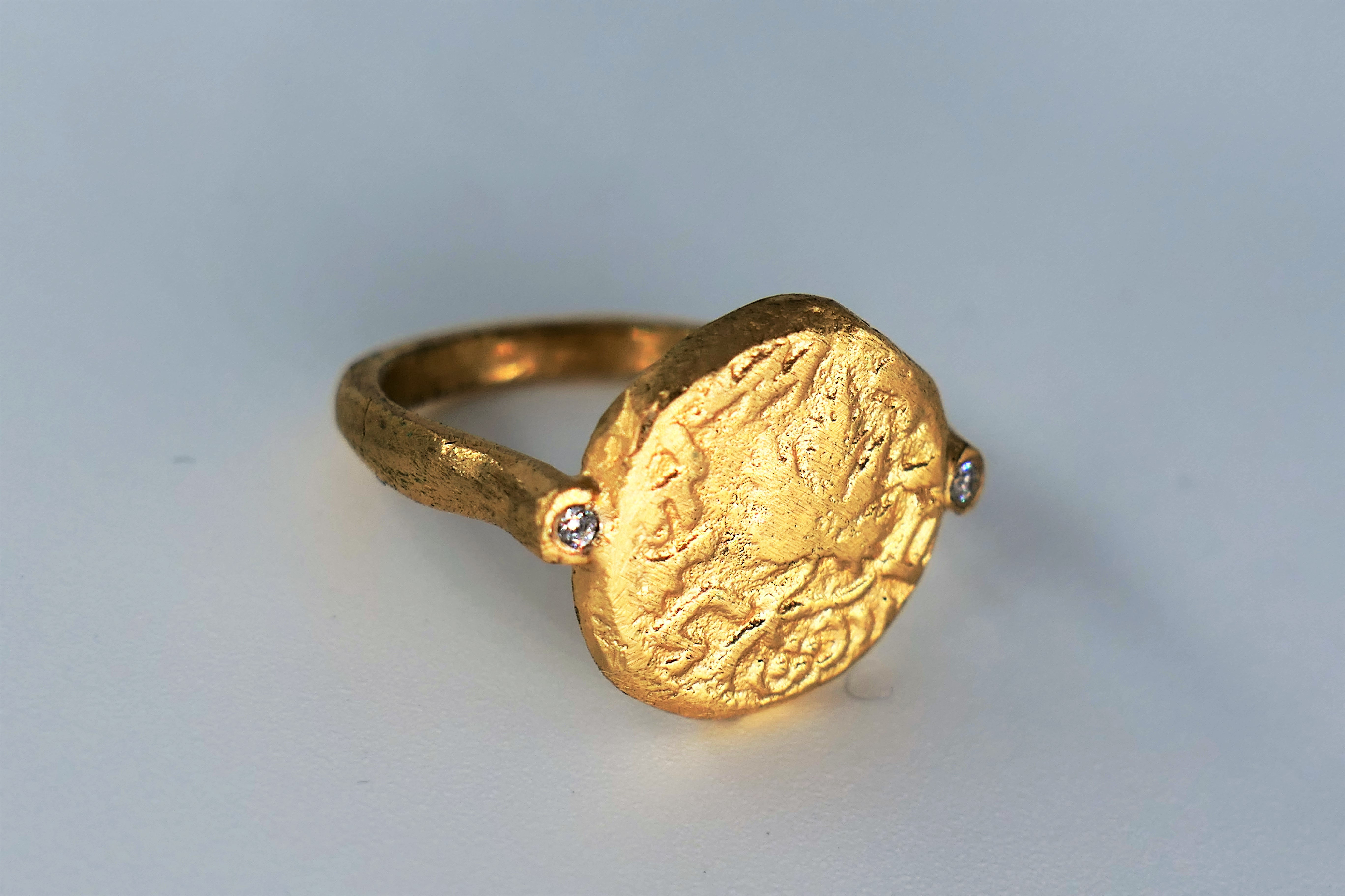 Antique Agrippa coin gold filled ring with two side zircons.