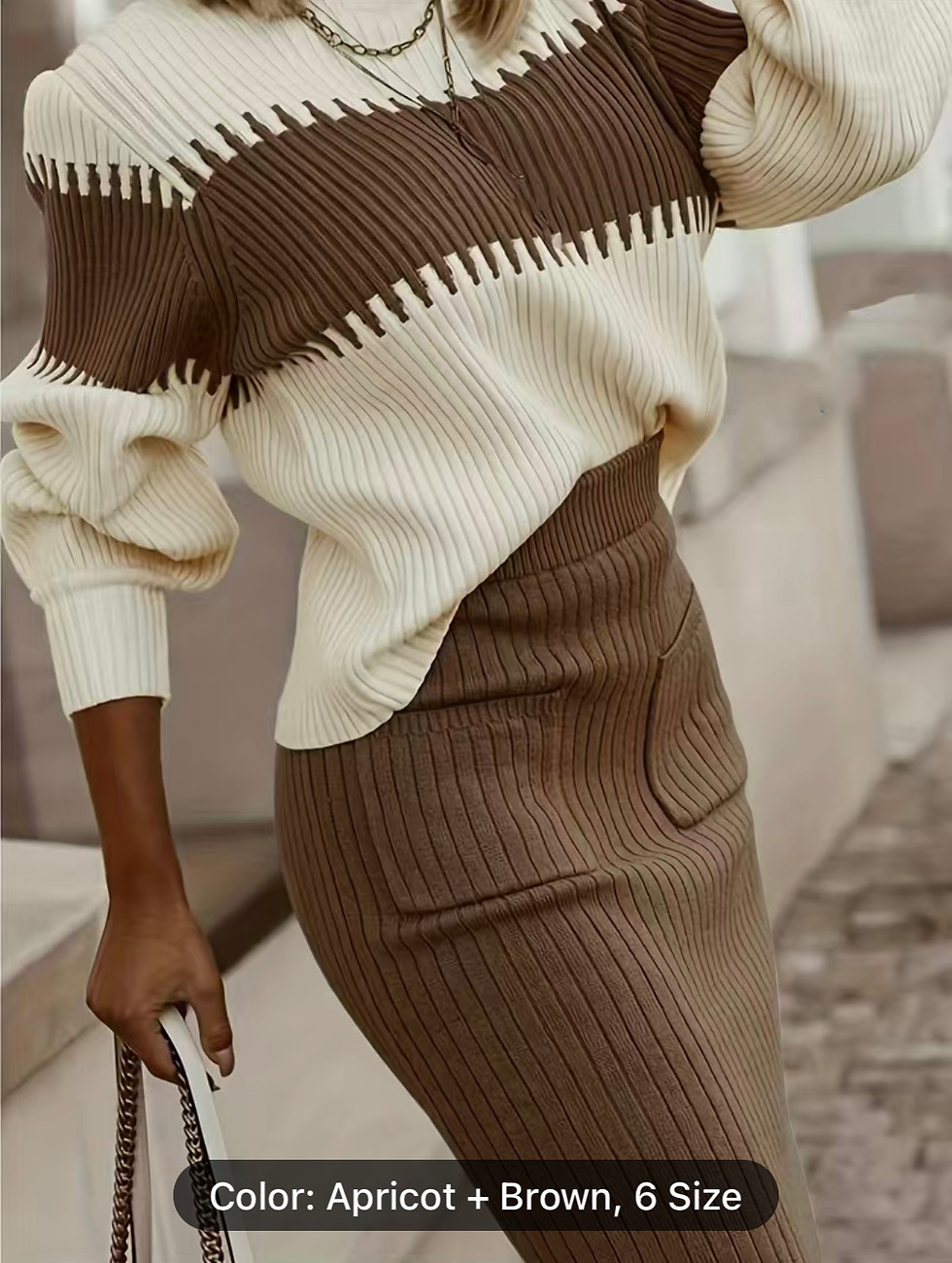 Thumbnail: Apricot knit sweater and skirt. Office elegance 