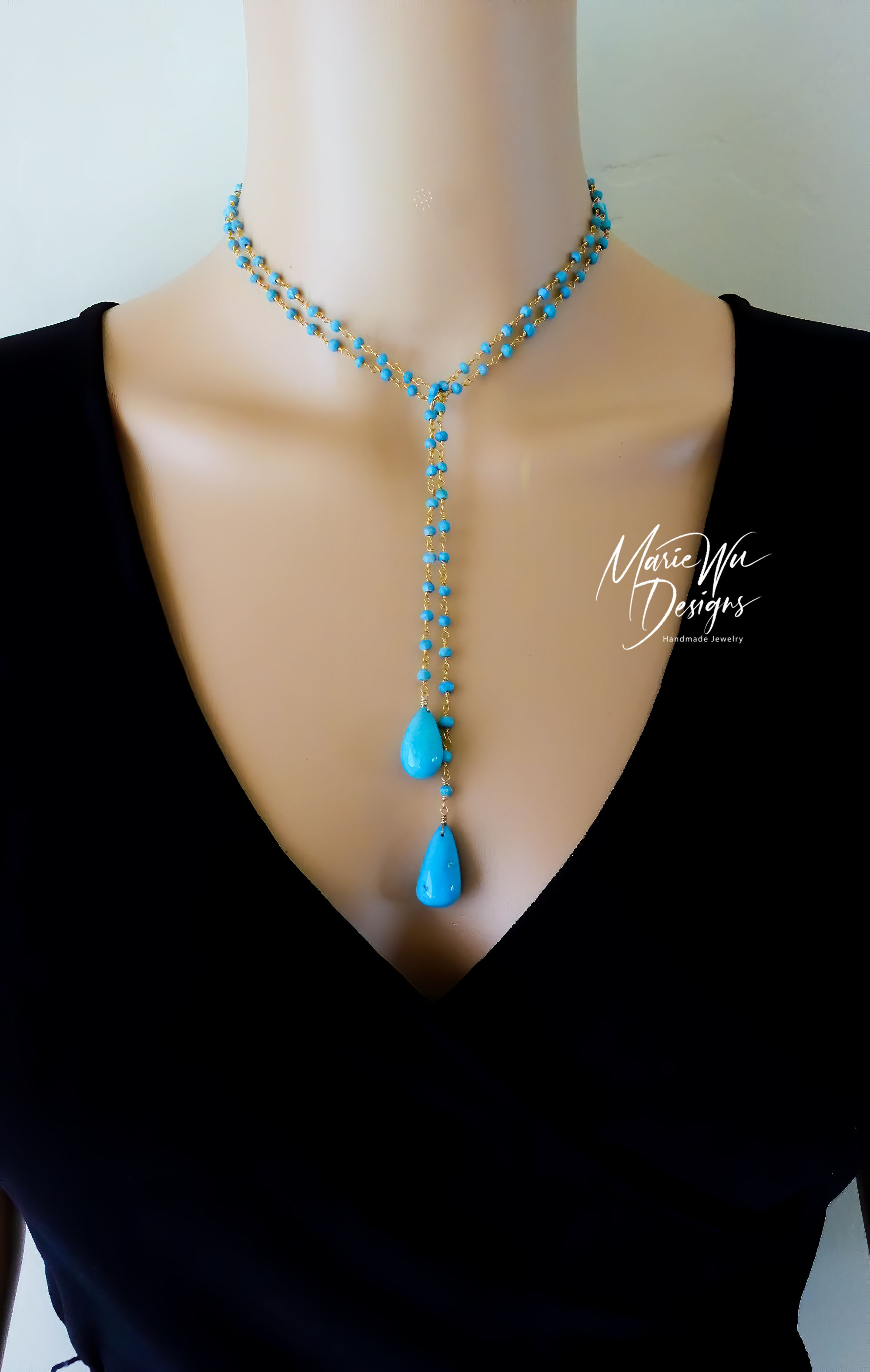 3 Way 36" Natural Tibetan Turquoise-Gold Fill Briolette Lariat Y Necklace