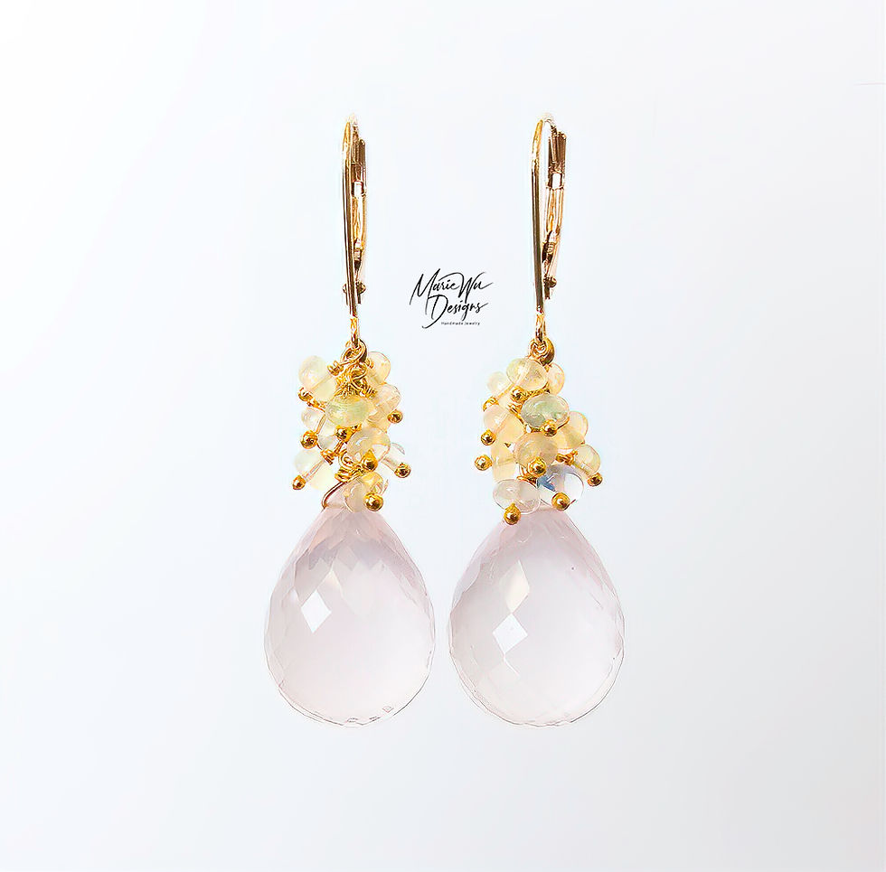 Ethiopian Opals~Madagascar Rose Quartz~14k Solid Gold Fringe Leverback Earrings
