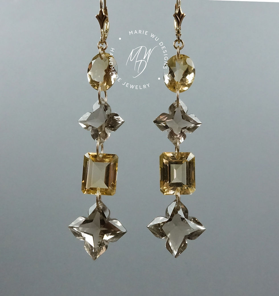 Thumbnail: citrine smokey quartz 4 tier 14k solid gold earrings