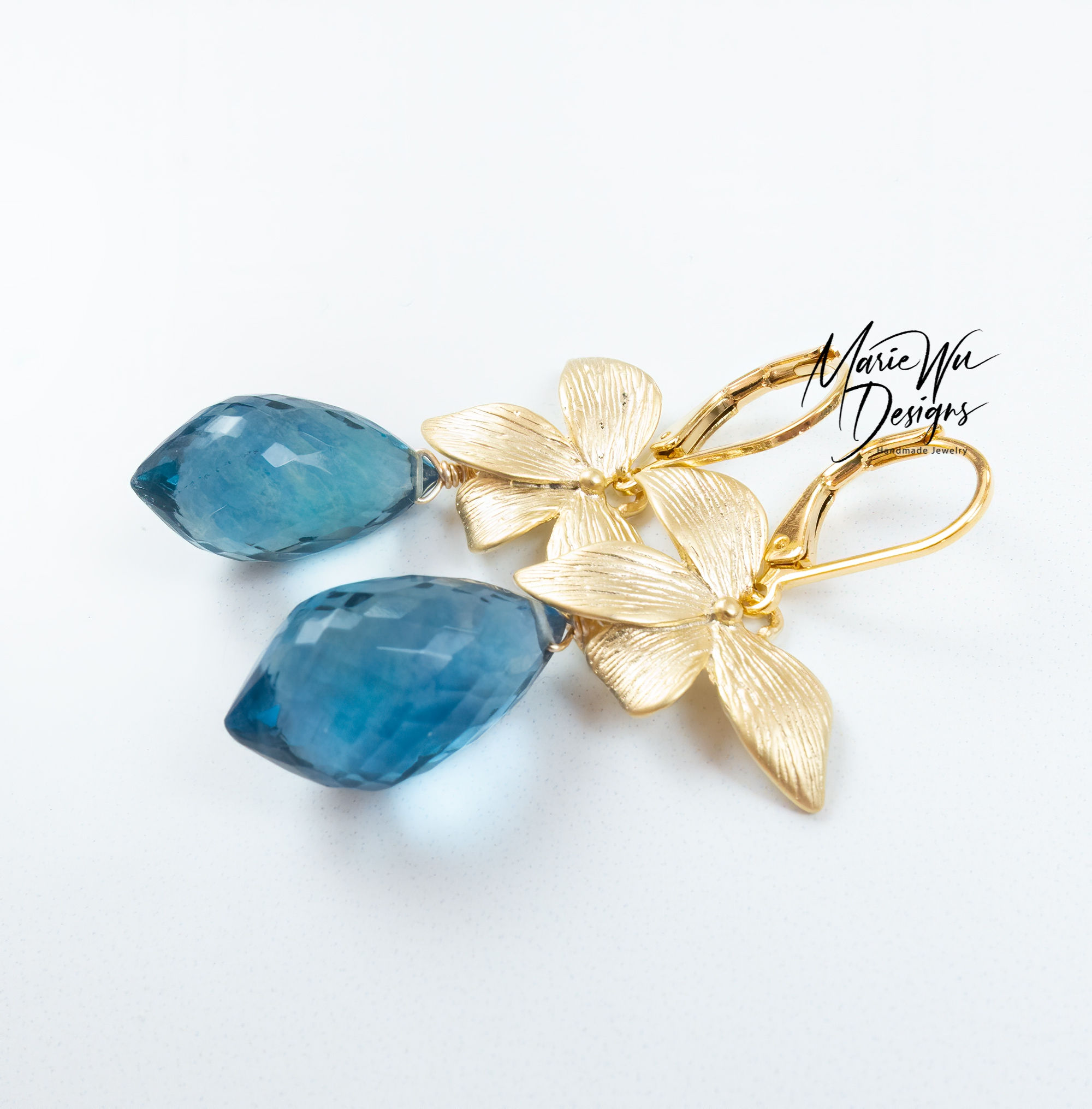 Teal Fluorite-Blossom-Nature Inspired Floral Leverback Gold Earrings