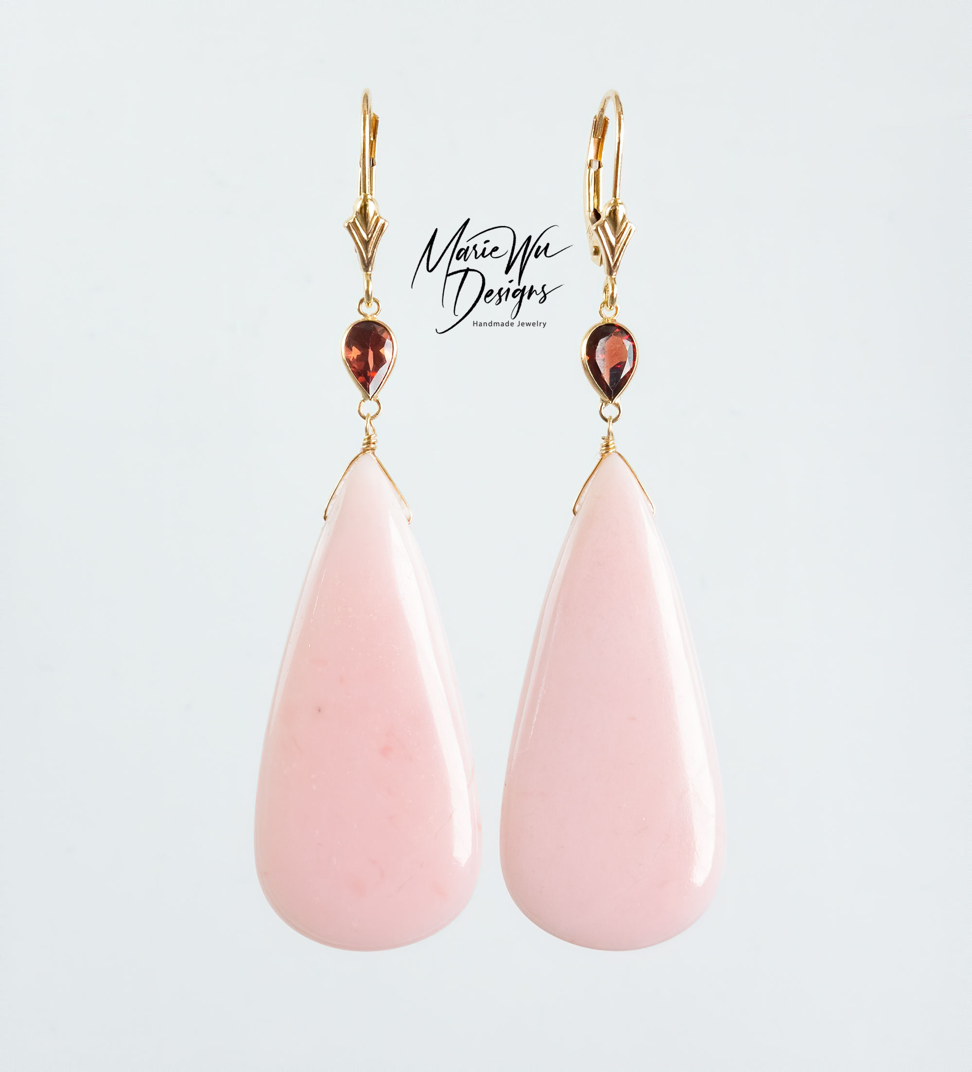 14k Exceptional Pink Peruvian Opal-Garnet- Long Dangle 14k Solid Gold Earrings
