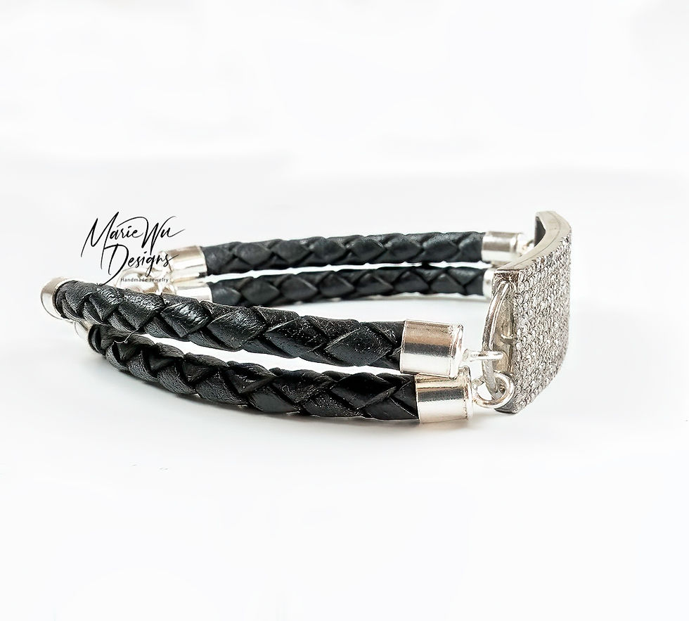 Thumbnail: Mens Diamond Leather Bracelet-Unisex -Braided European Black Leather Bracelet