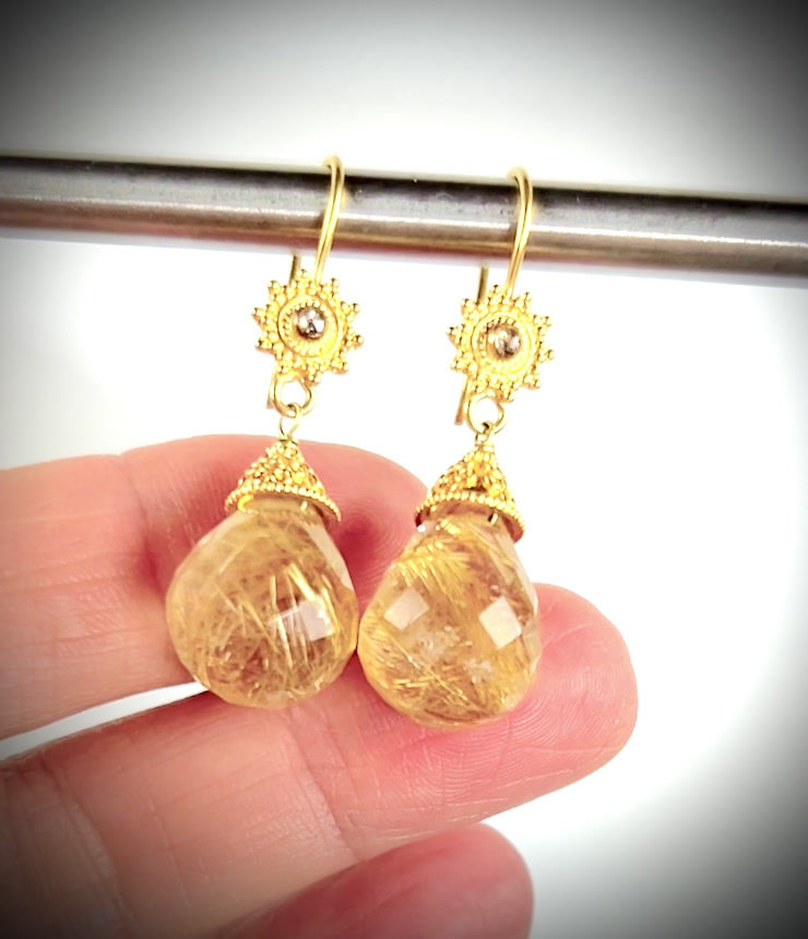Thumbnail: Spun Gold-Golden Rutilated Rutile Quartz-Diamond-18k Solid Gold Dangle Earrings
