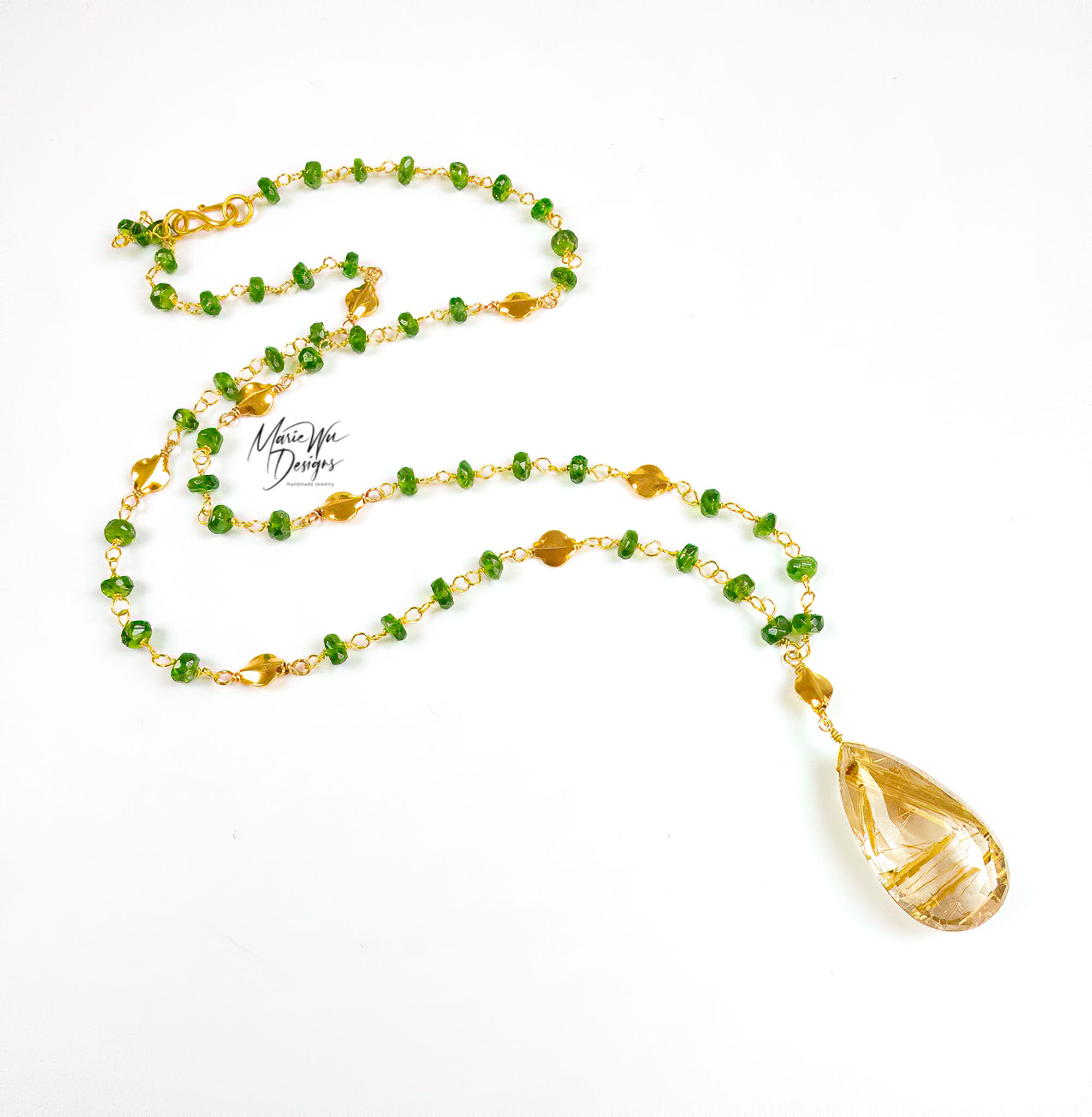 18K Rutilated Quartz Pendant-Solid 18k Gold-Chrome Diopside Necklace