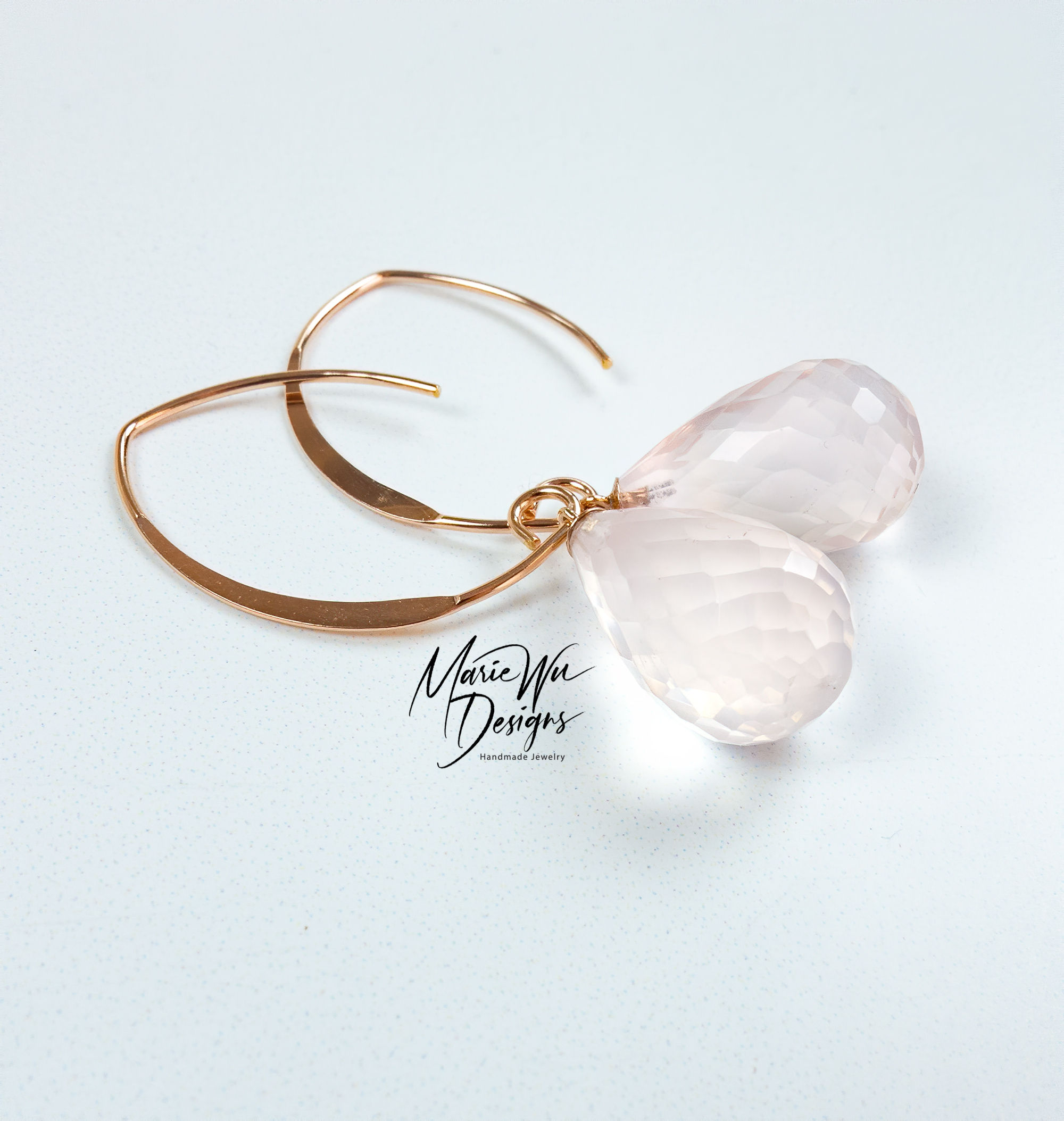 Rose Quartz Briolette-14k Rose Gold Fill-Contemporary Hoop Dangle Earrings