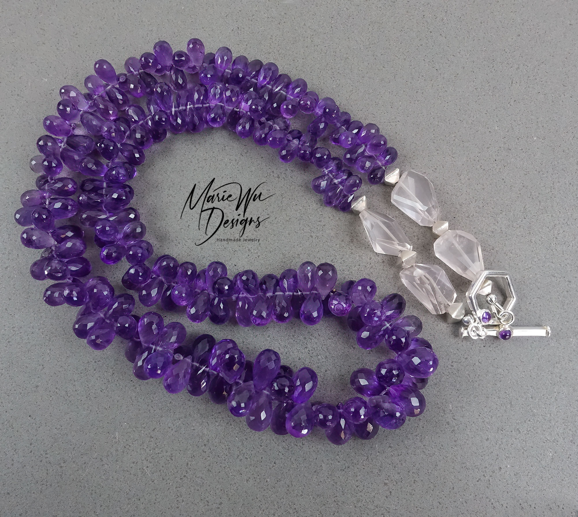 375ct Purple Natural Amethyst-Rose Quartz-Sterling Silver Toggle Necklace