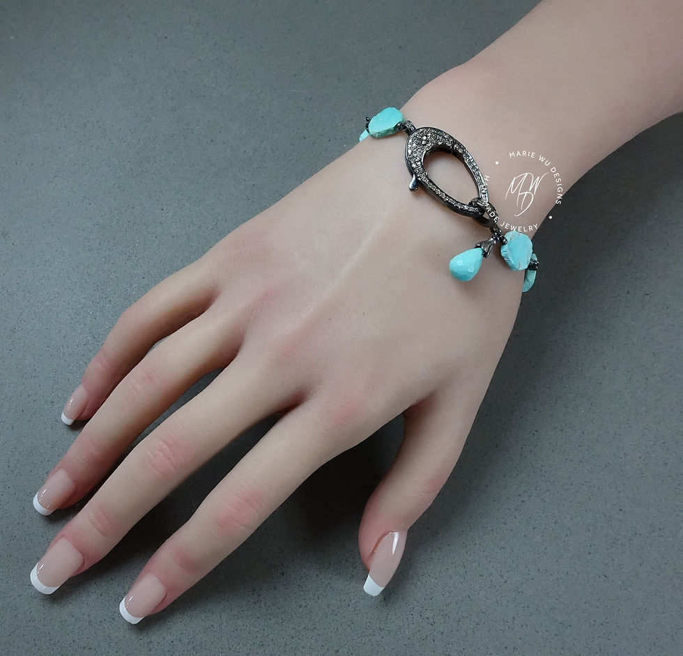 Thumbnail: genuine sleeping beauty turquoise pave diamond oxidized 925 silver bracelet