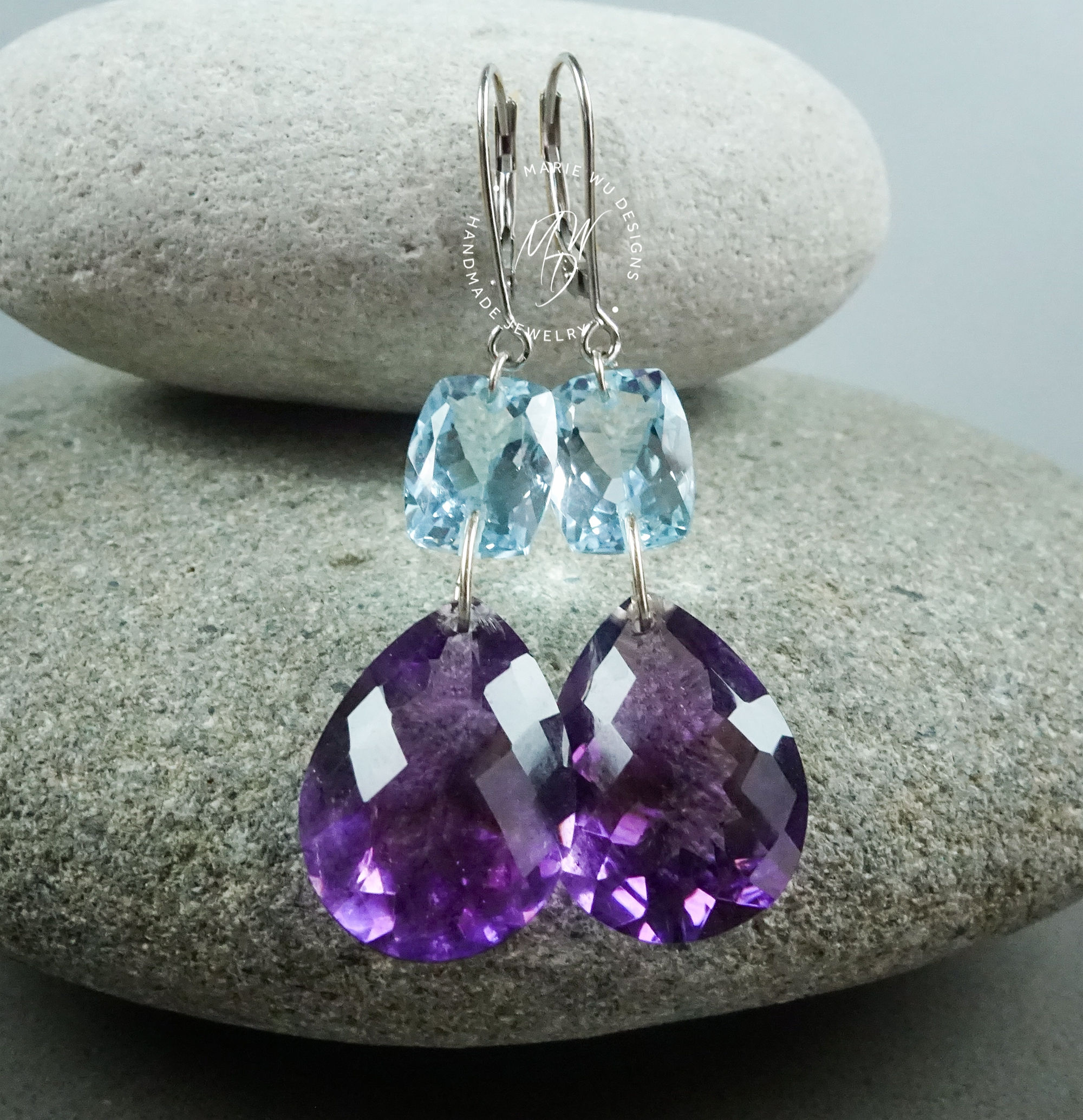 natural blue topaz purple amethyst 14k white gold earrings