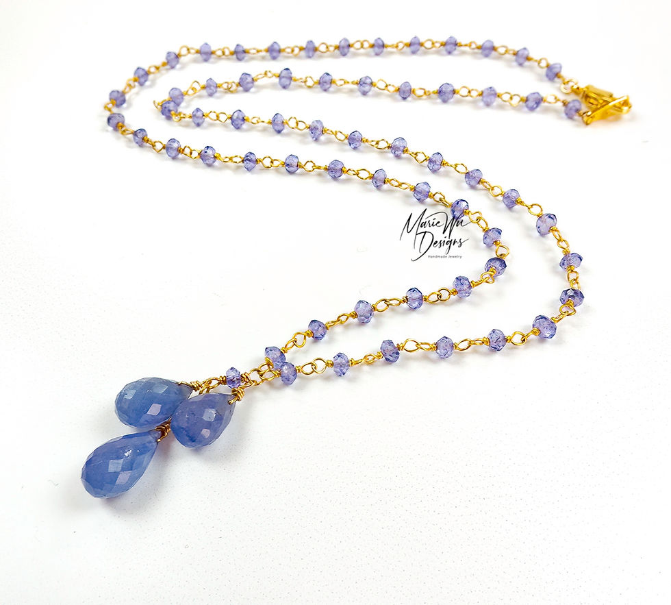 Natural Tanzanite Trio-18k Gold Vermeil Briolette Cascade Cluster Necklace