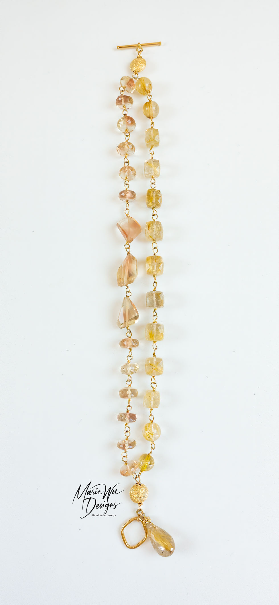 Thumbnail: 14k-Oregon Sunstone-Rutilated Quartz-2 Strand Solid Gold Toggle Bracelet