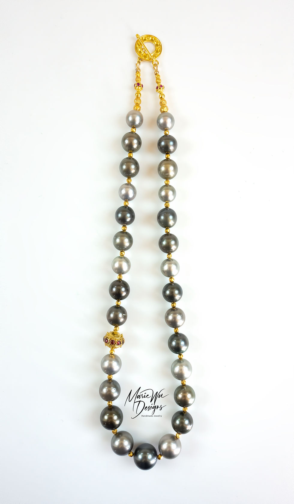 Thumbnail: 18k-11-14mm Tahitian South Seas Pearls-Ruby-Pink Sapphire-Gold-June Necklace
