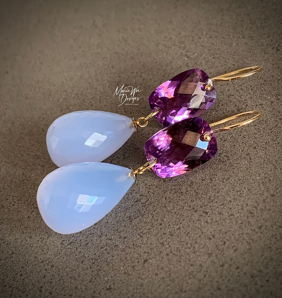 Natural Turkish Blue Chalcedony-African-Amethyst-14k Solid Gold Dangle Earrings