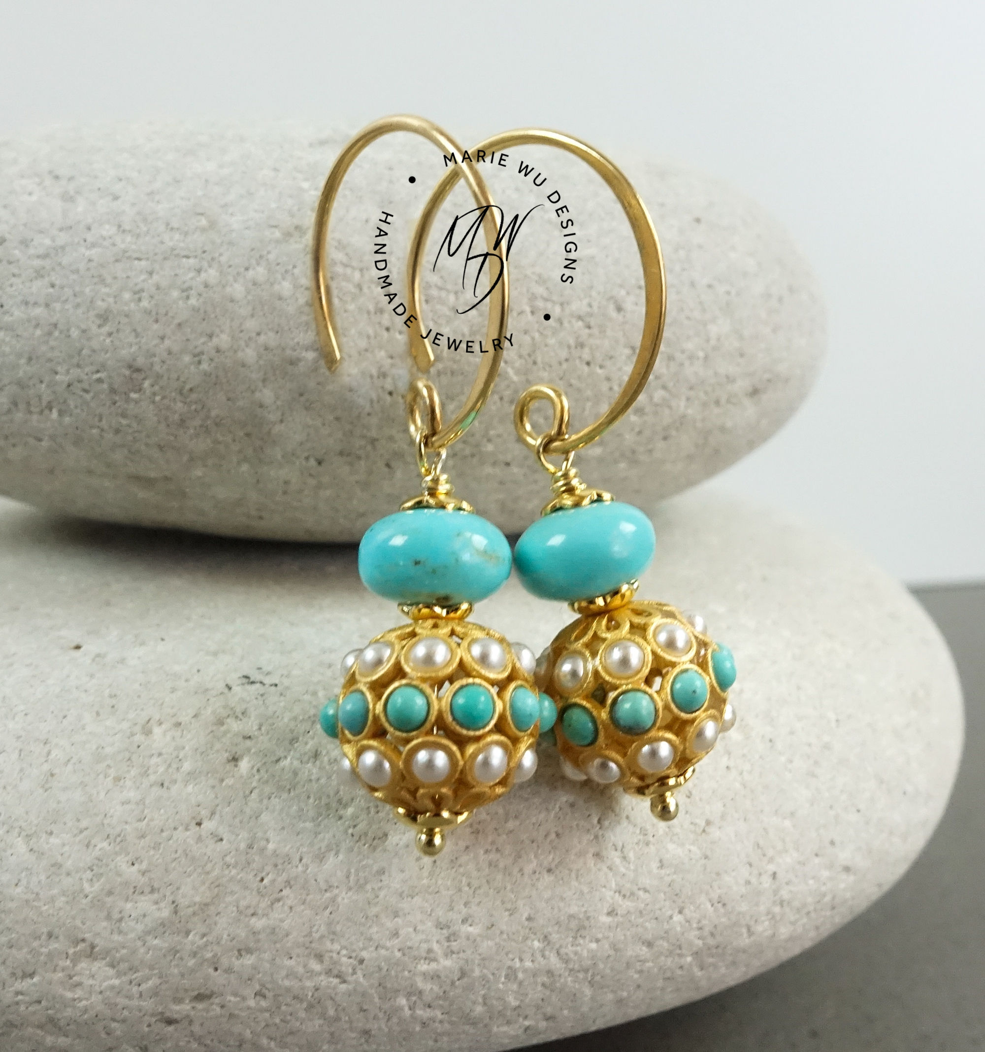 natural sleeping beauty turquoise natural pearl 18k vermeil earrings 925 silver
