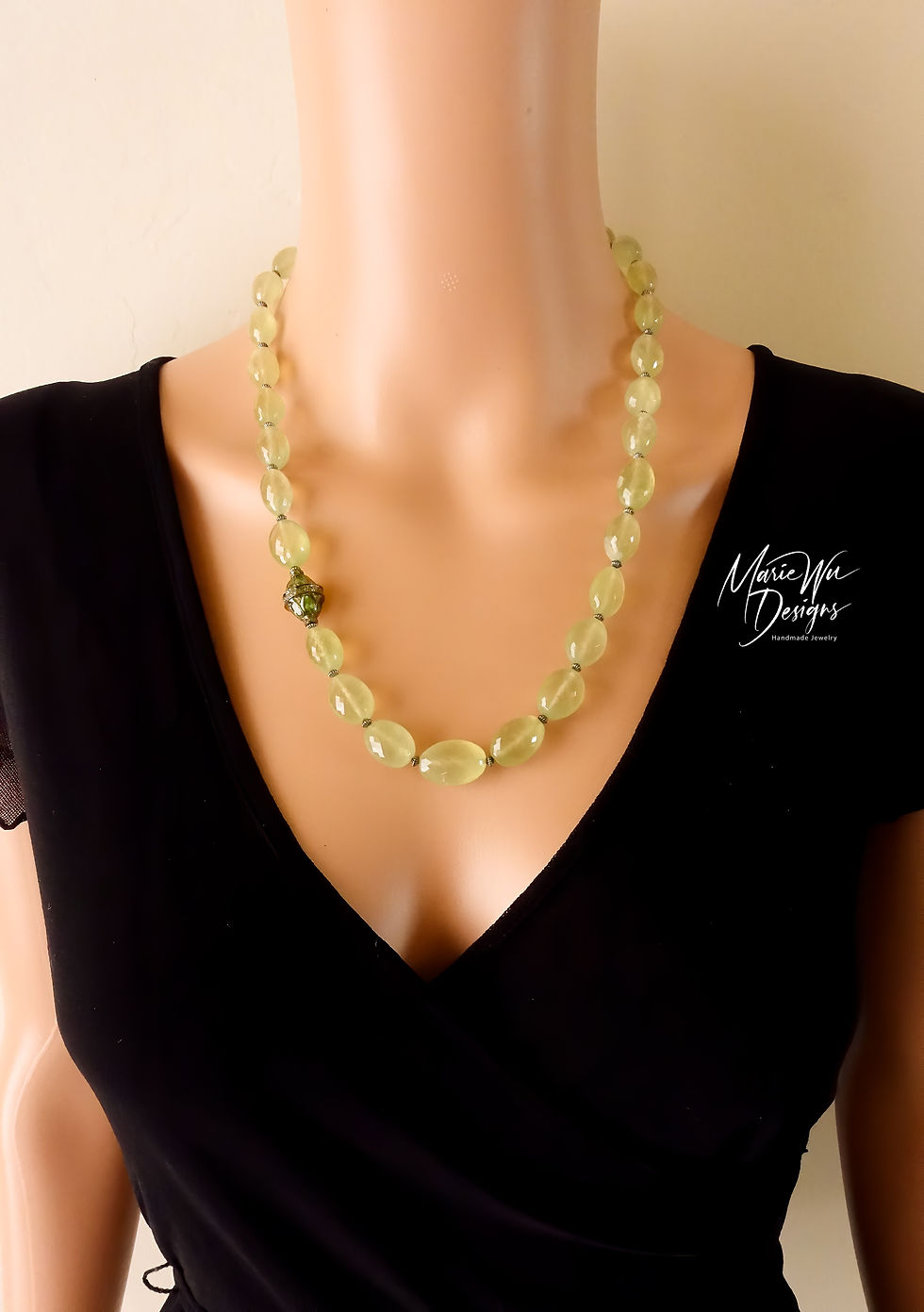 Thumbnail: 360ct AAA Prehnite-Green Tourmaline-Pave Diamond-Black Sterling Silver Necklace