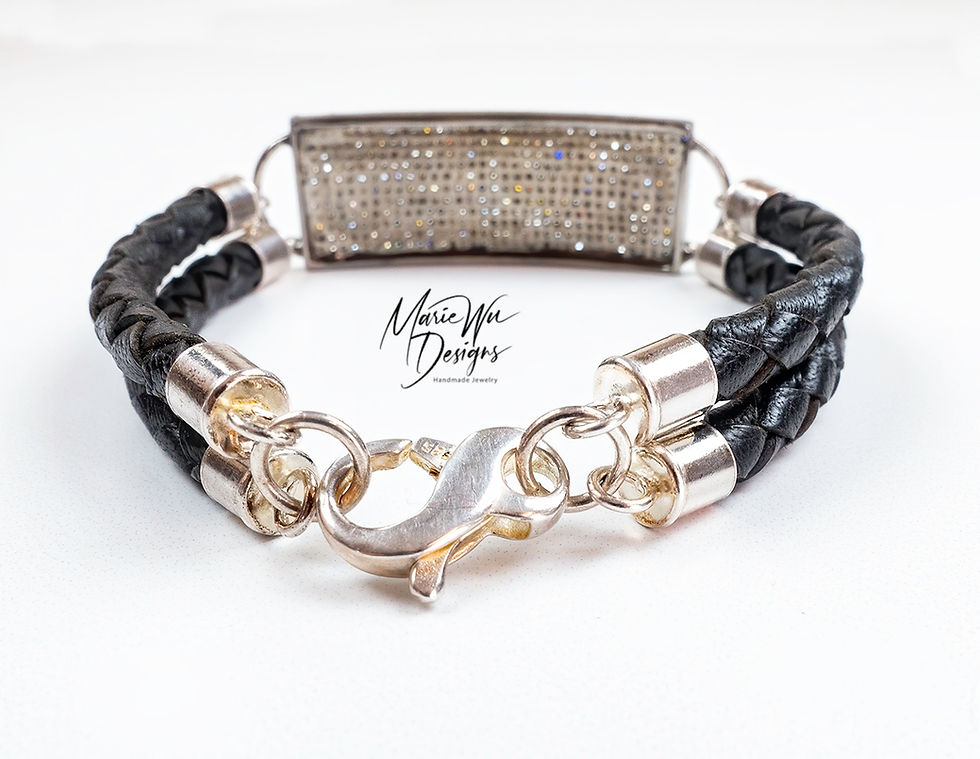 Thumbnail: Mens Diamond Leather Bracelet-Unisex -Braided European Black Leather Bracelet