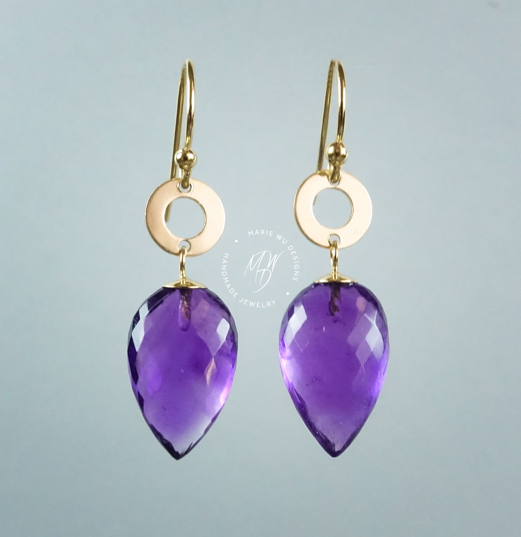 Purple Amethyst Inverted Drops-Contemporary 14k Gold Fill Dangle Drop Earrings